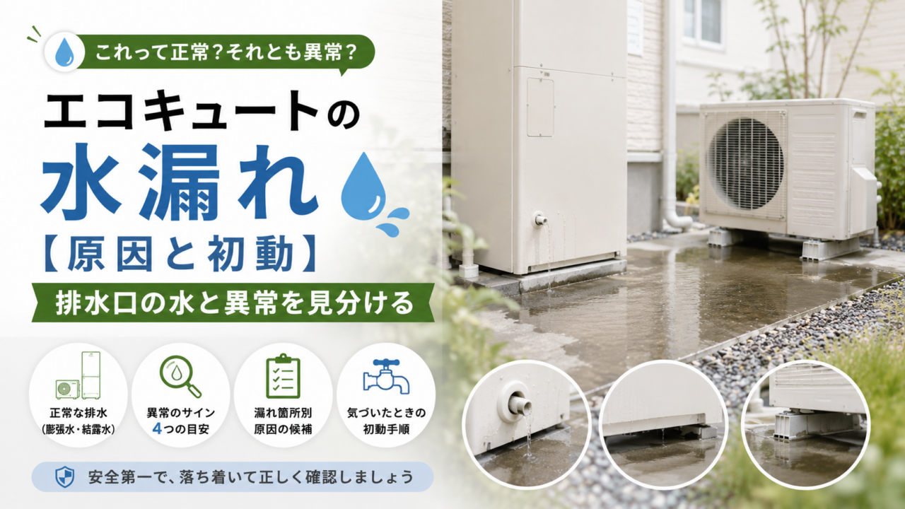 エコキュートの排水口から出る水と、貯湯タンクの足元に広がった水たまり