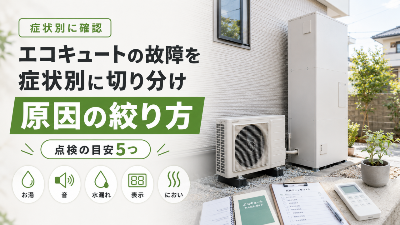 屋外に設置されたエコキュートの貯湯タンクとヒートポンプユニット、点検チェックリストとリモコン
