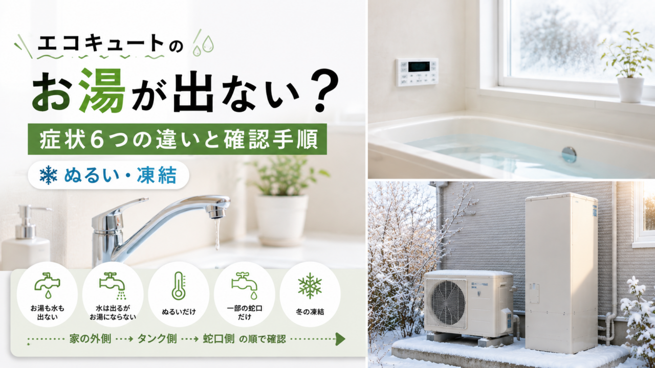 水が出る洗面所の水栓と浴槽、雪の積もったエコキュートの室外機と貯湯タンク