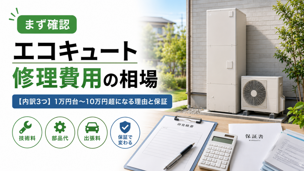 エコキュートの給湯機と、見積書・電卓・保証書を並べた机の上